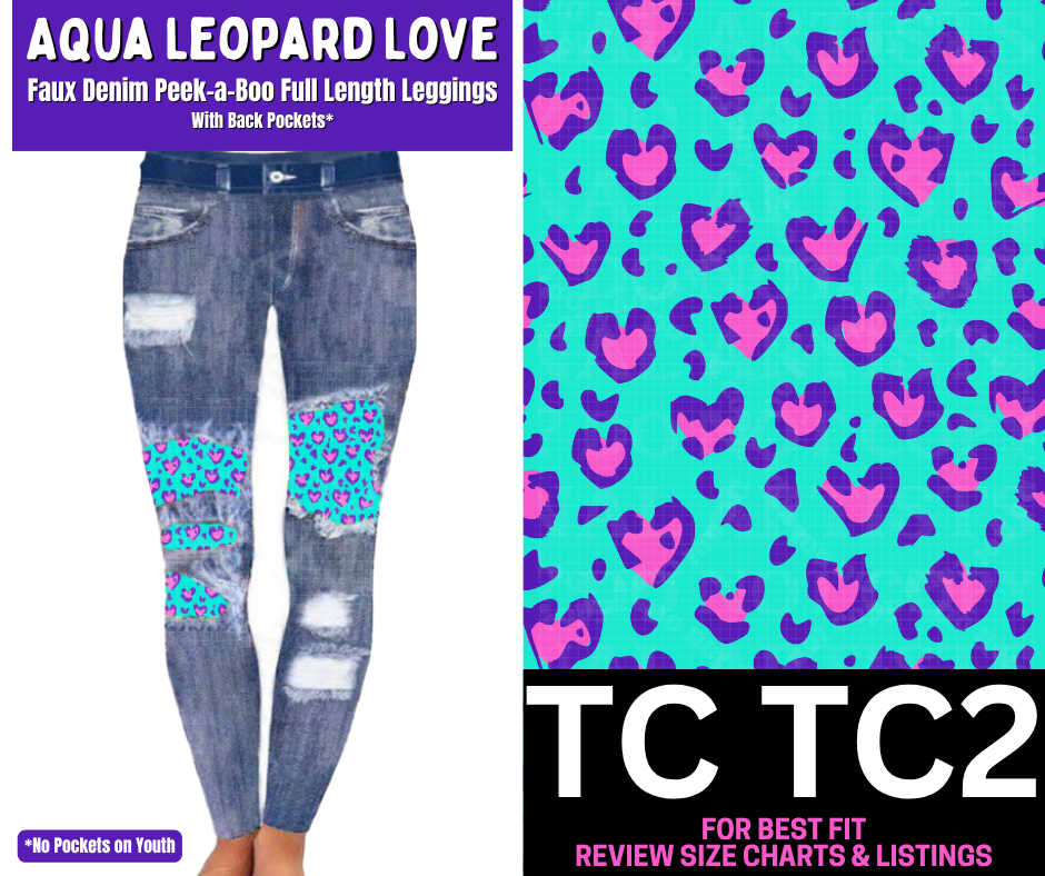 Aqua Leopard Faux Denim Full Length Peekaboo Leggings - Like A Duchess