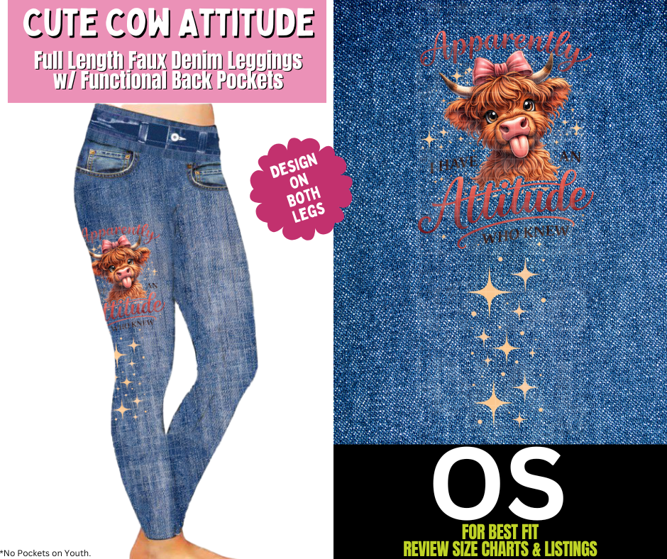Cute Cow Attitude Full Length Faux Denim w/ Side Leg Designs - Like A Duchess
