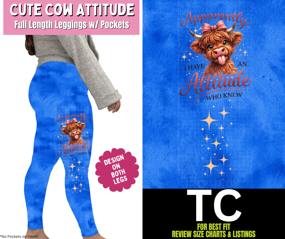 Cute Cow Attitude Watercolor Full Length Leggings w/ Side Leg Designs - Like A Duchess