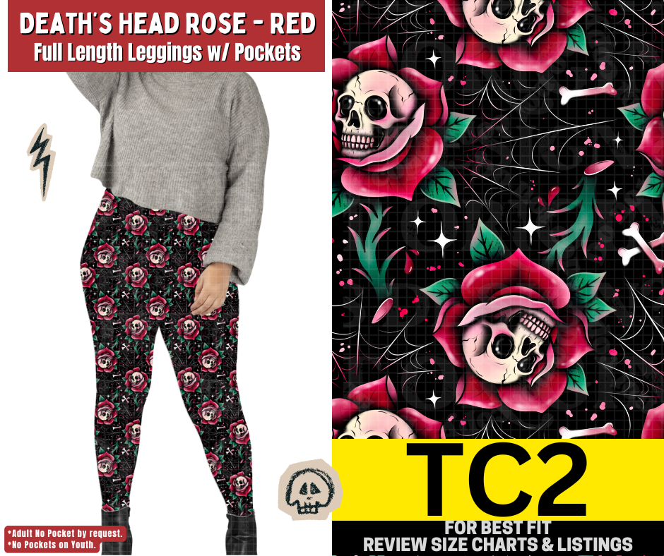 Death's Head Rose - Red Full Length Leggings w/ Pockets - Like A Duchess