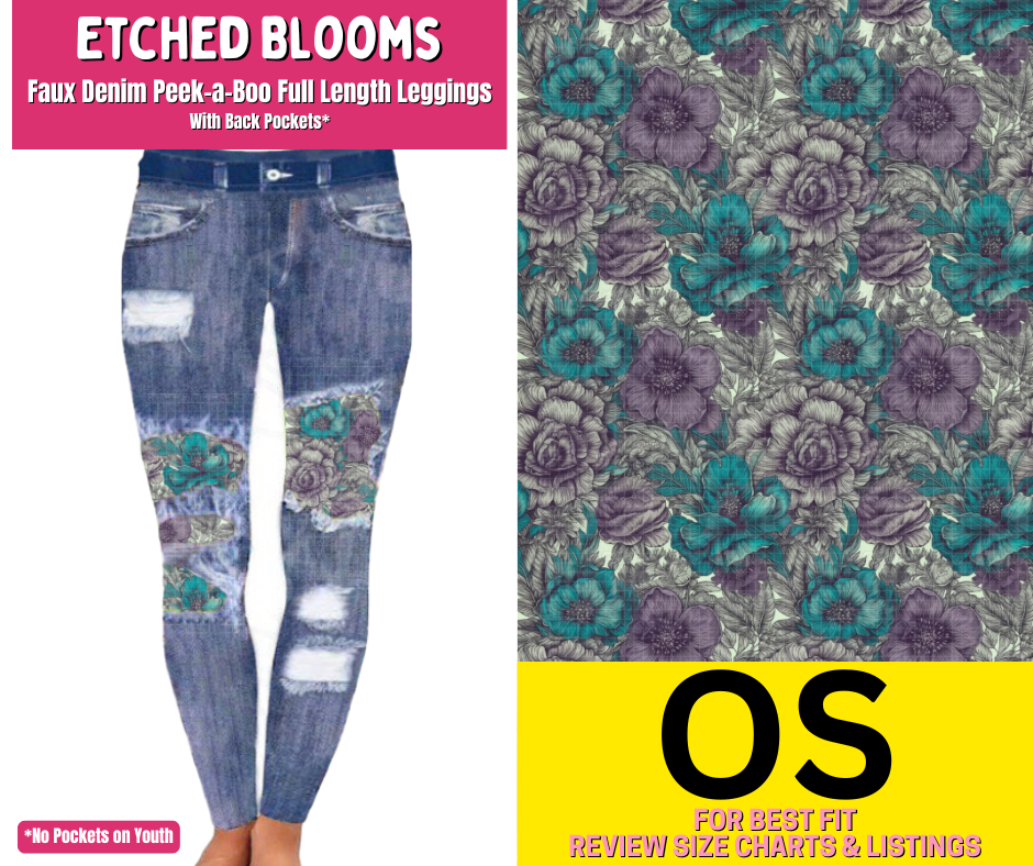 Etched Blooms Faux Denim Full Length Peekaboo Leggings - Like A Duchess