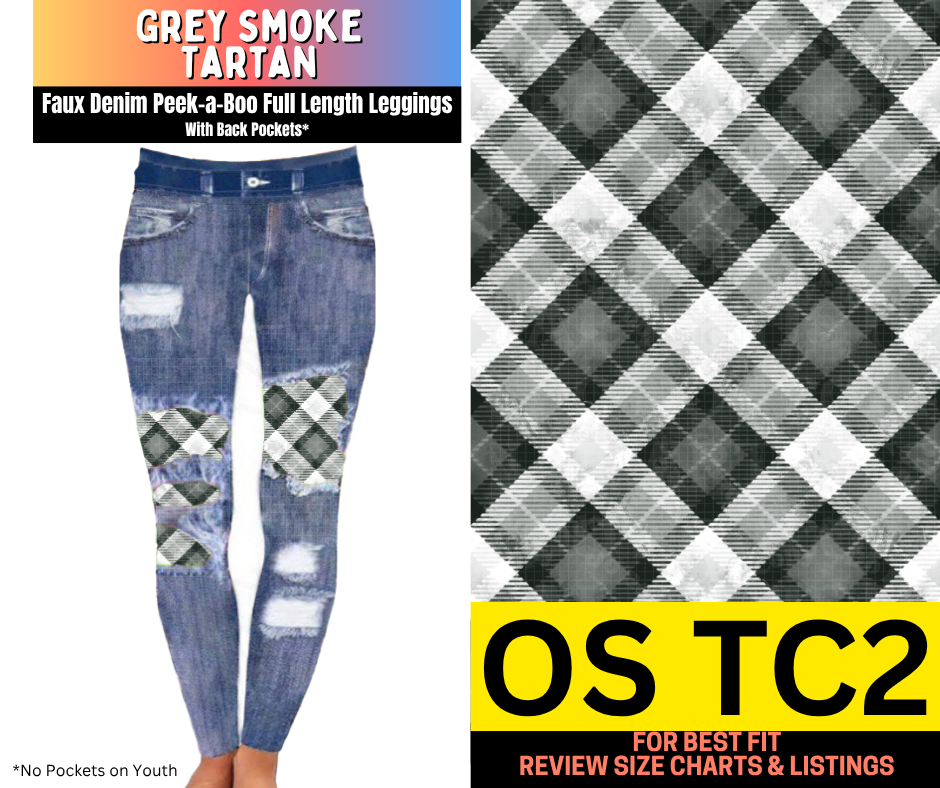 Grey Smoke Tartan Faux Denim Full Length Peekaboo Leggings - Like A Duchess