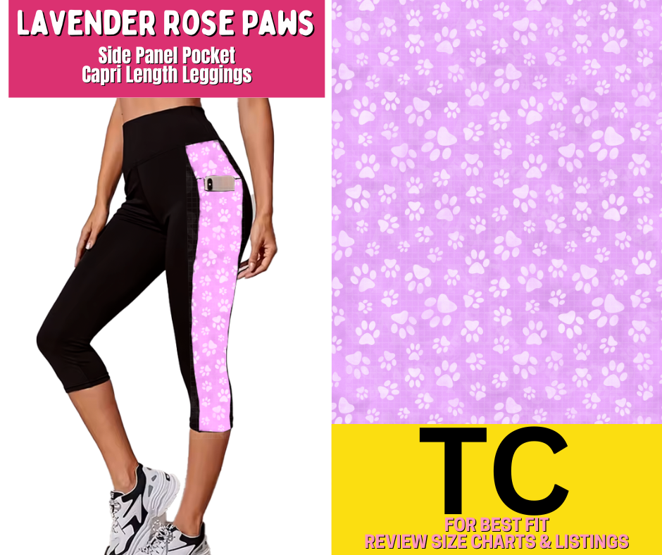 Lavender Rose Paws Side Panel Pocket Capri Length Leggings - Like A Duchess