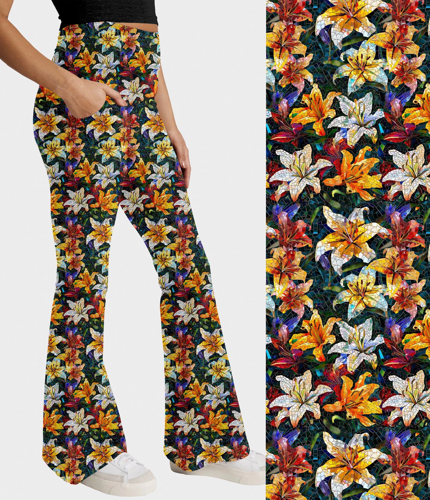 RTS - Mosaic Lilies Flare Leggings w/ Pockets - Like A Duchess