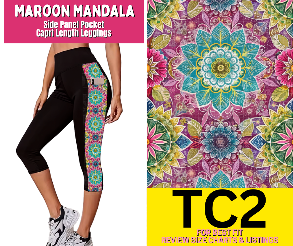 Maroon Mandala Side Panel Pocket Capri Length Leggings - Like A Duchess