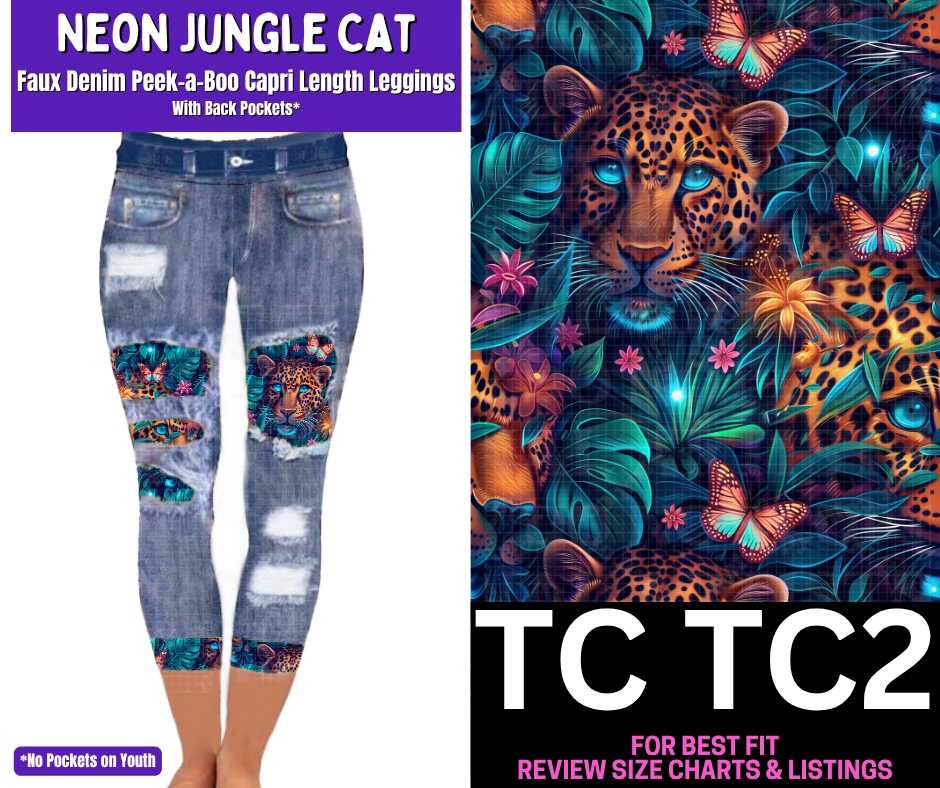 Neon Jungle Cat Capri Faux Denim Peekaboo - Like A Duchess