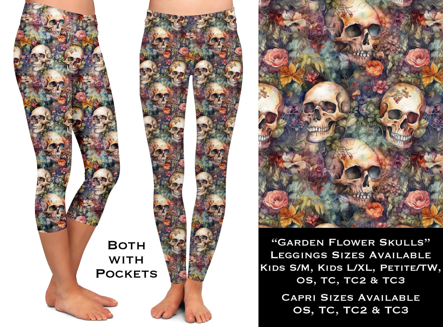 Garden Flower Skulls Leggings & Capris with Pockets - Like A Duchess