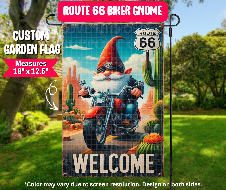 Route 66 Biker Gnome Garden Flag - Like A Duchess