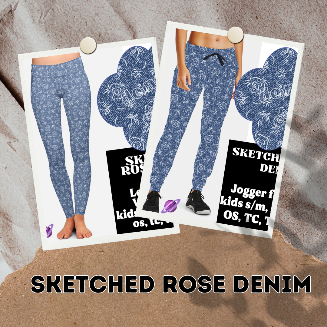 SKETCHED ROSE- DENIM PATTERN RUN - LEGGING/CAPRI - Like A Duchess