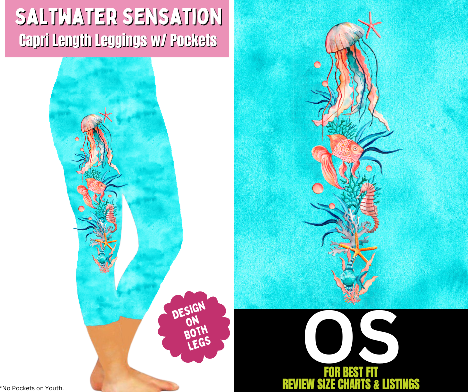 Saltwater Sensation Watercolor Capri Leggings w/ Side Leg Designs - Like A Duchess