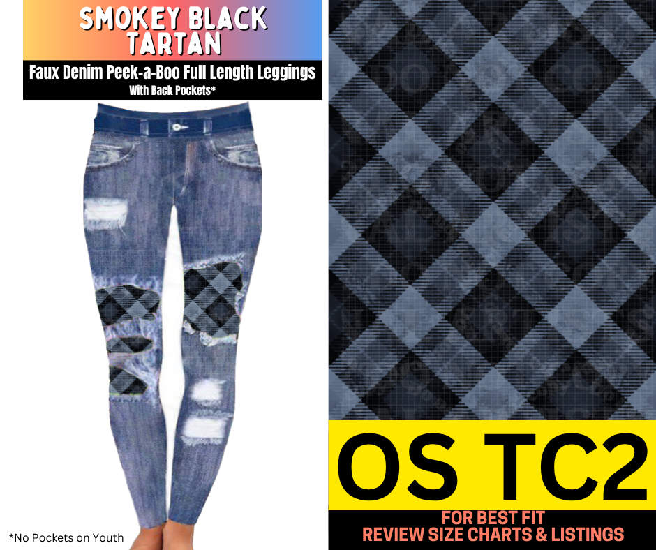 Smokey Black Tartan Faux Denim Full Length Peekaboo Leggings - Like A Duchess