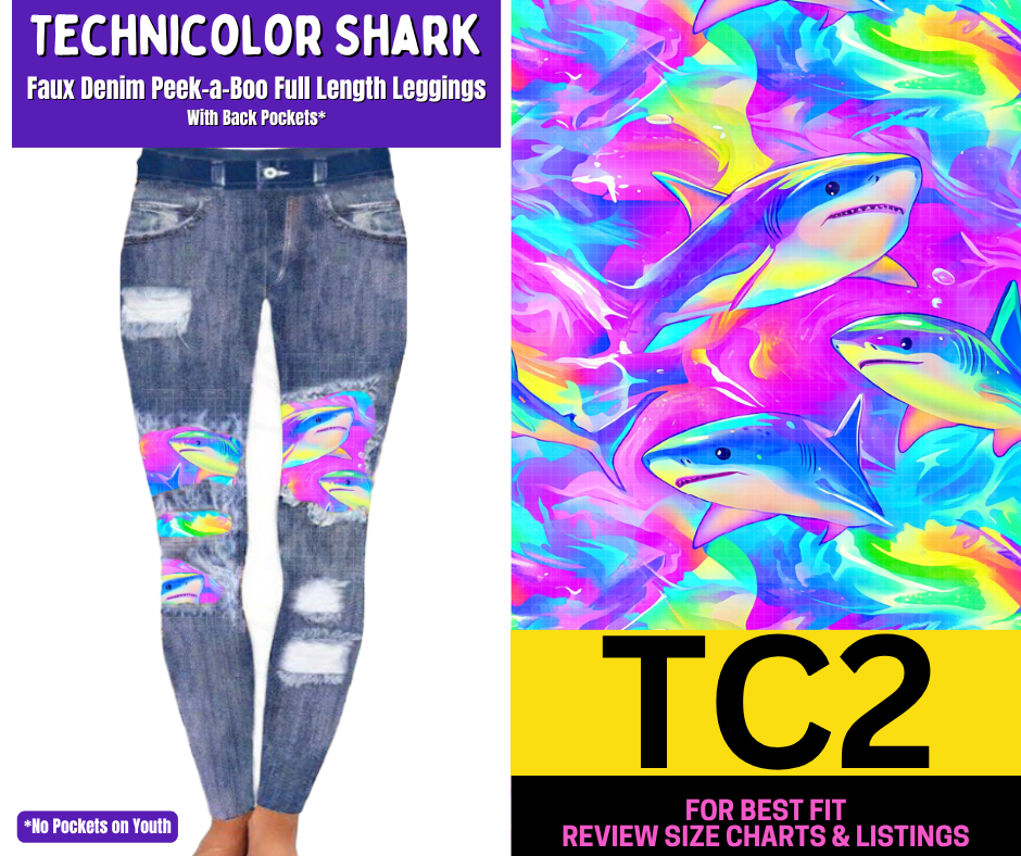 Technicolor Shark Faux Denim Full Length Peekaboo Leggings - Like A Duchess