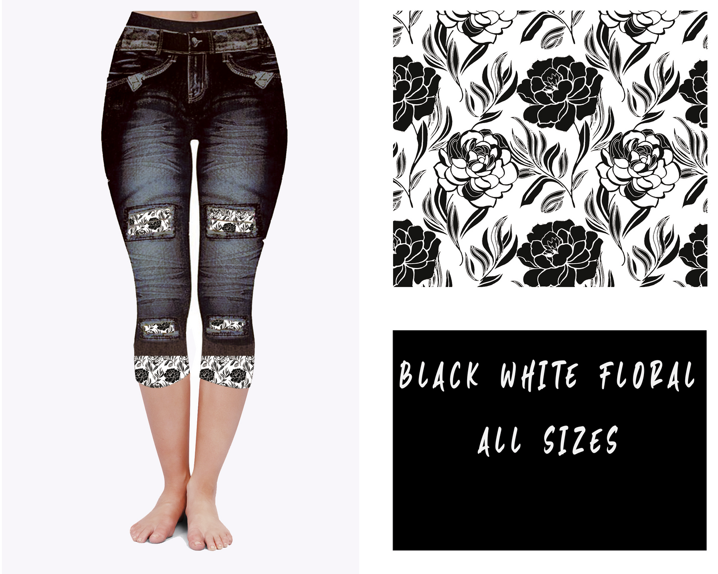 LEGGING JEAN RUN-BLACK WHITE FLORAL (ACTIVE BACK POCKETS) - Like A Duchess