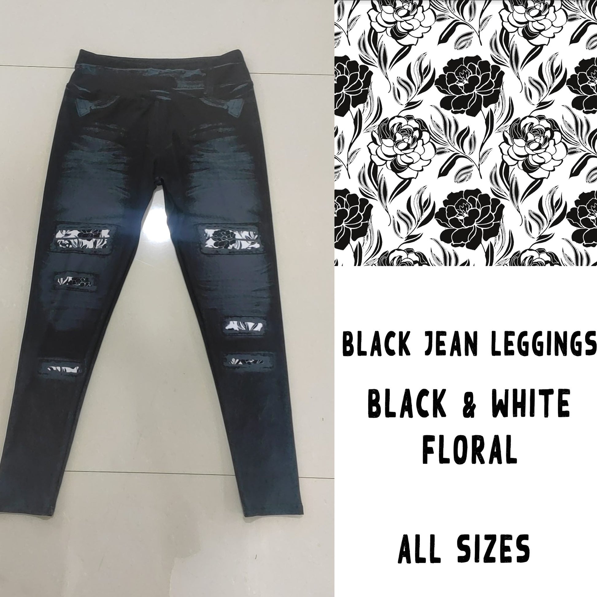 LEGGING JEAN RUN-BLACK WHITE FLORAL (ACTIVE BACK POCKETS) - Like A Duchess