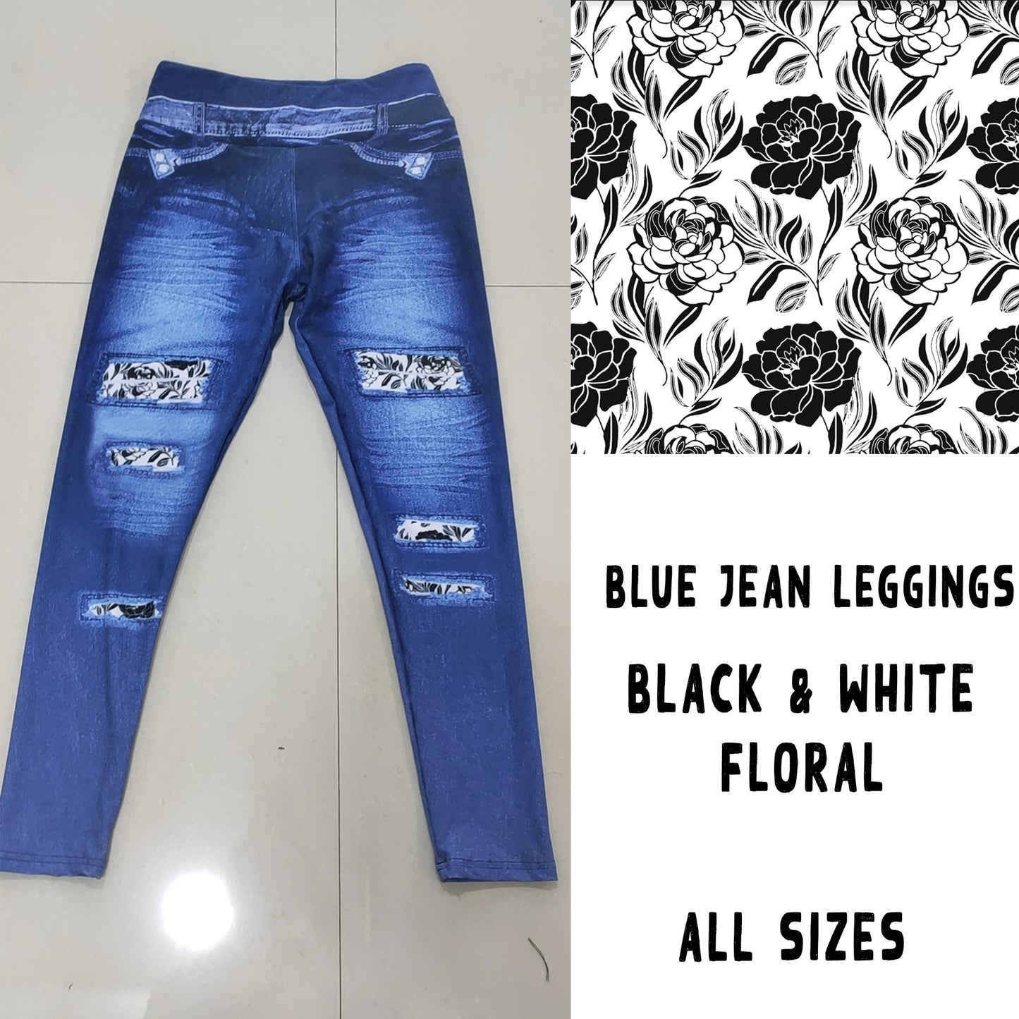 LEGGING JEAN RUN-BLACK WHITE FLORAL (ACTIVE BACK POCKETS) - Like A Duchess
