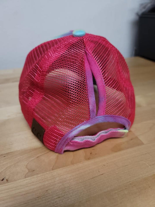 LIME/PINK/BLUE TYE DYE PONY TAIL HAT - Like A Duchess