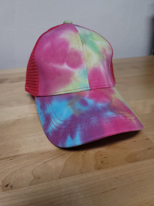 LIME/PINK/BLUE TYE DYE PONY TAIL HAT - Like A Duchess