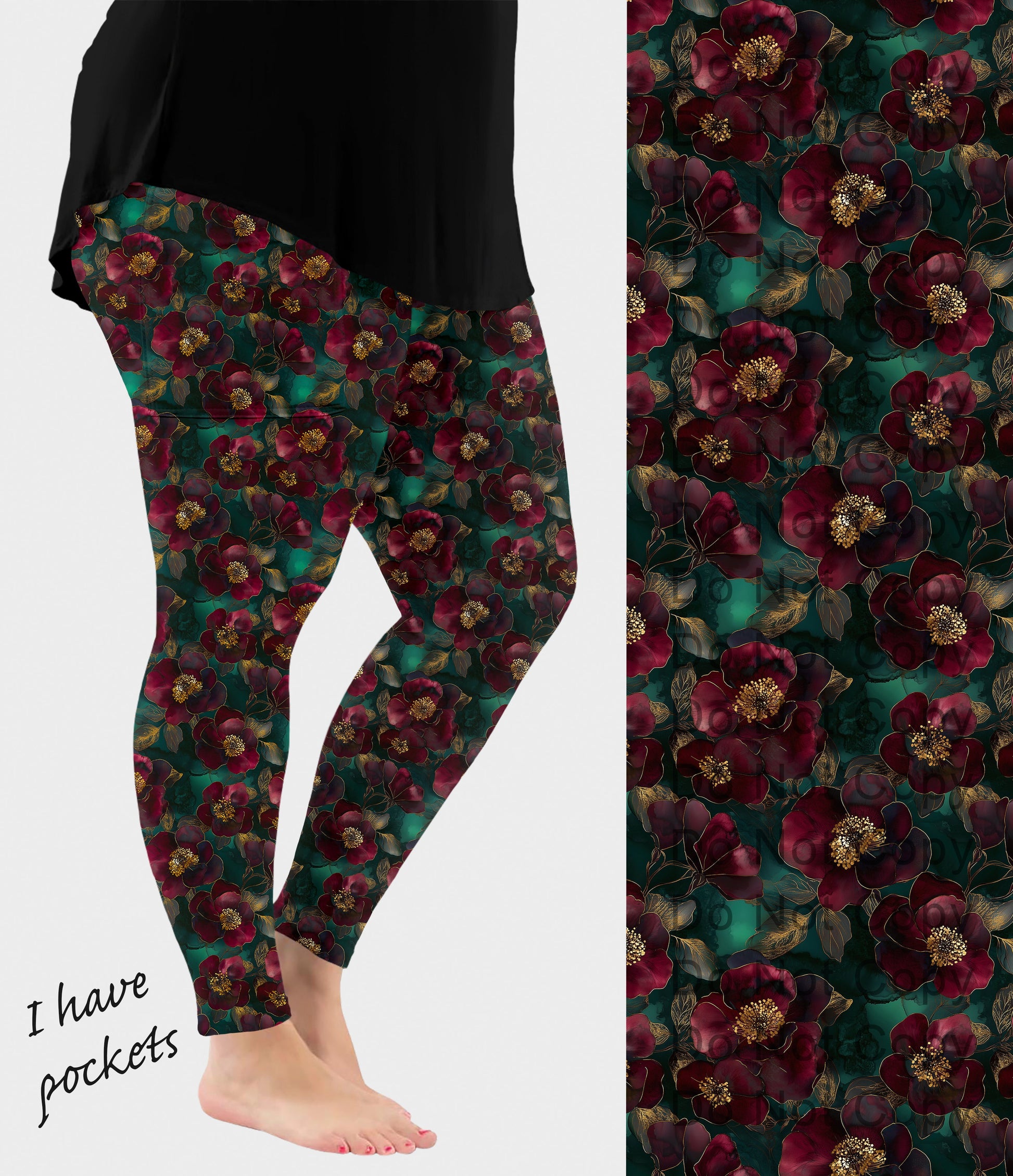 RTS - Alcohol Ink Burgundy Flowers Leggings w/ Pockets - Like A Duchess