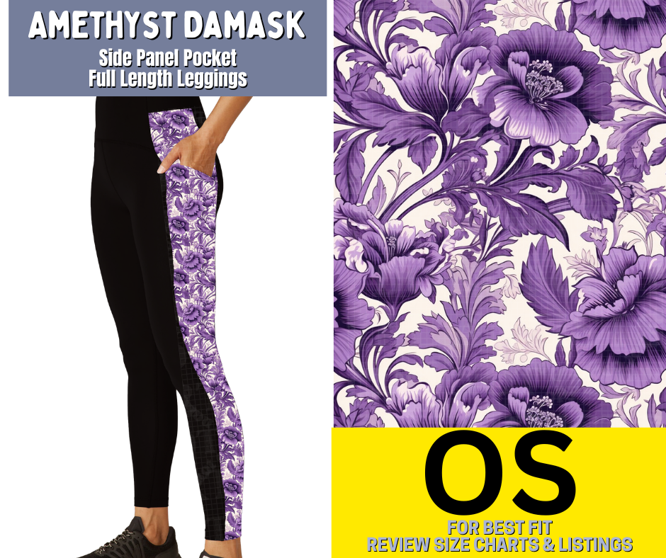 Amethyst Damask Side Panel Pocket Full Length Leggings - Like A Duchess