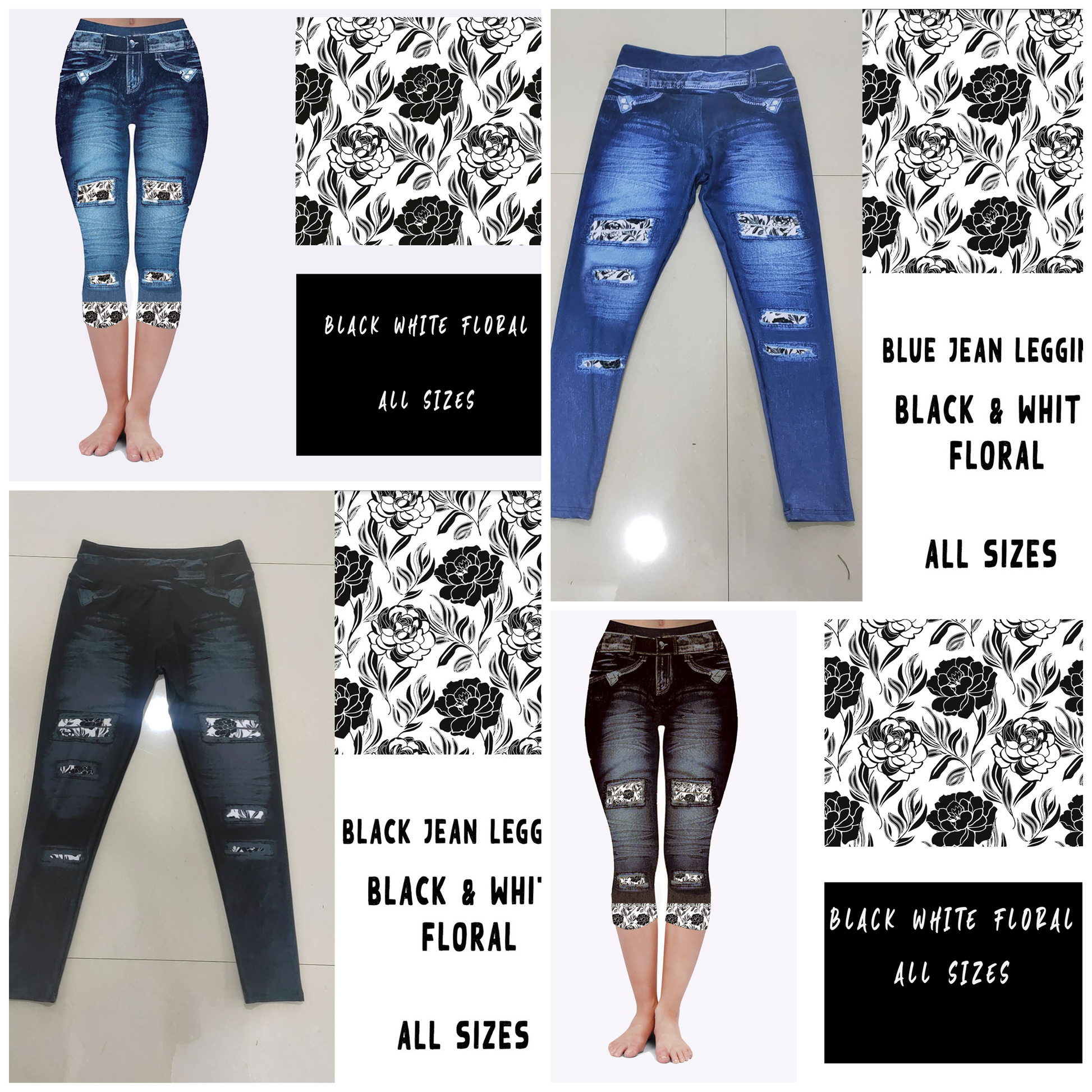 LEGGING JEAN RUN-BLACK WHITE FLORAL (ACTIVE BACK POCKETS) - Like A Duchess