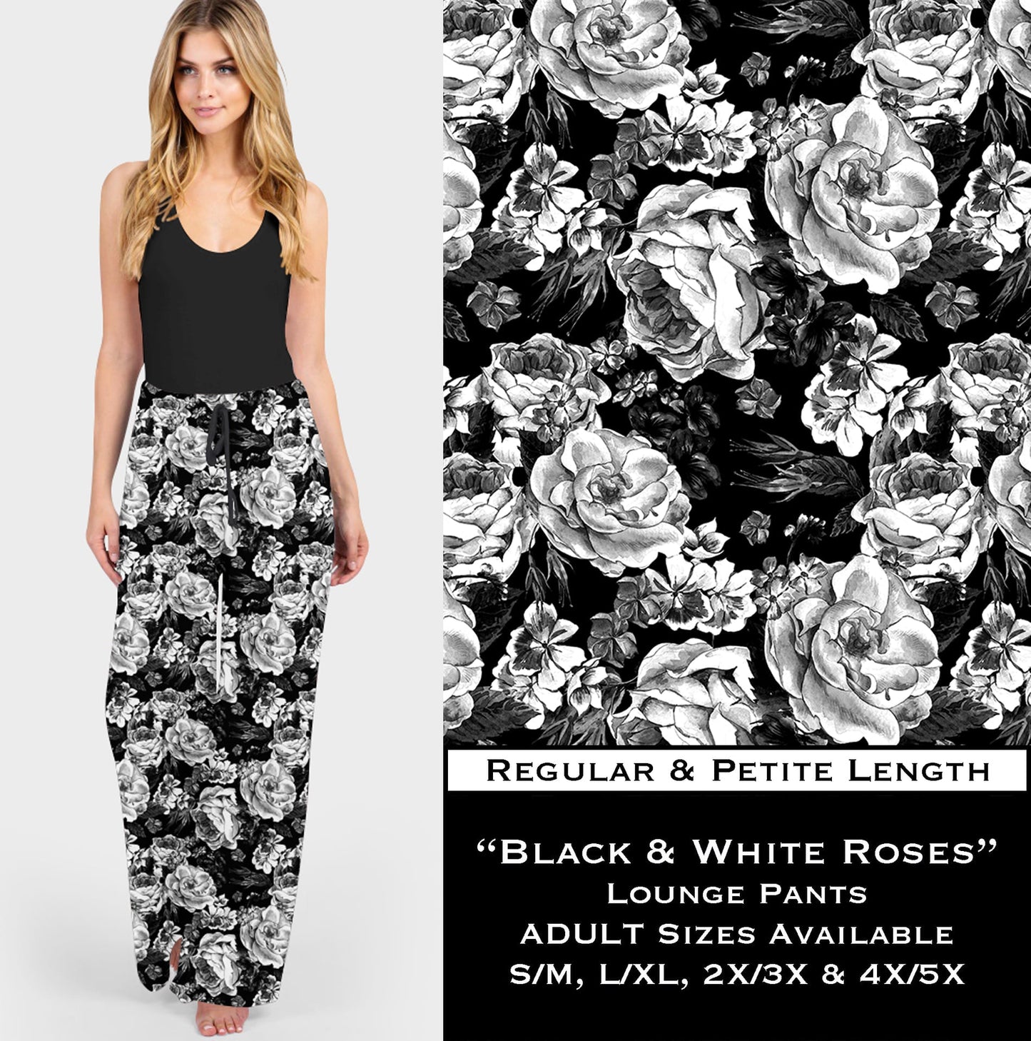 Black & White Roses - Lounge Pants - Like A Duchess