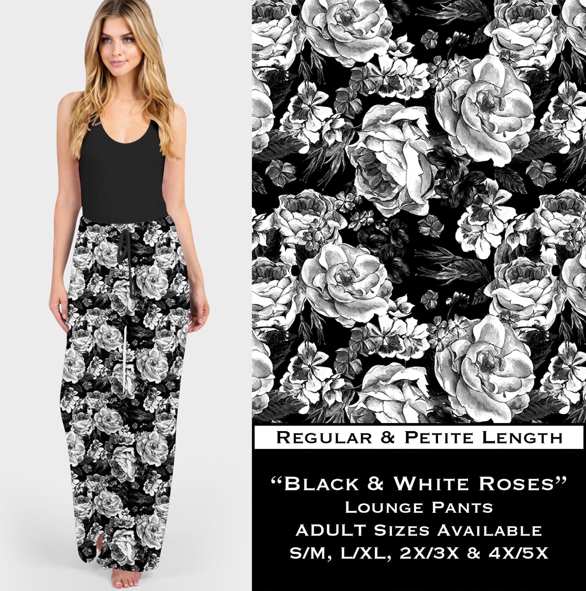 Black & White Roses - Lounge Pants - Like A Duchess