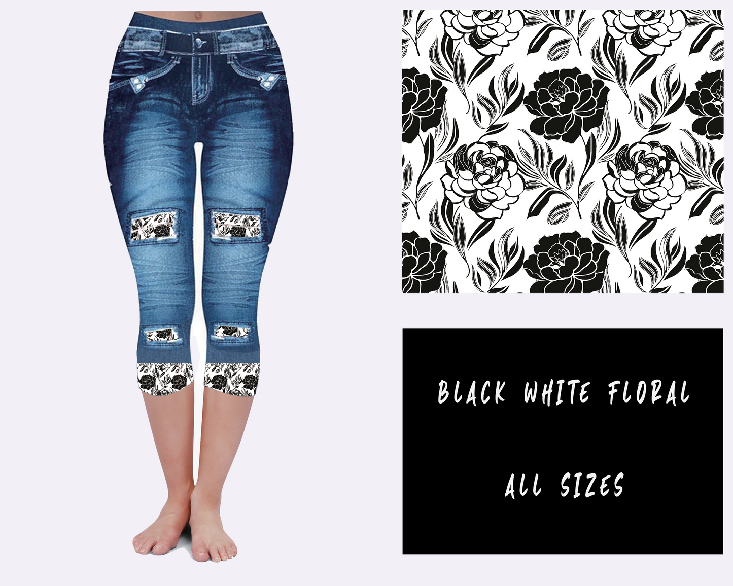 LEGGING JEAN RUN-BLACK WHITE FLORAL (ACTIVE BACK POCKETS) - Like A Duchess