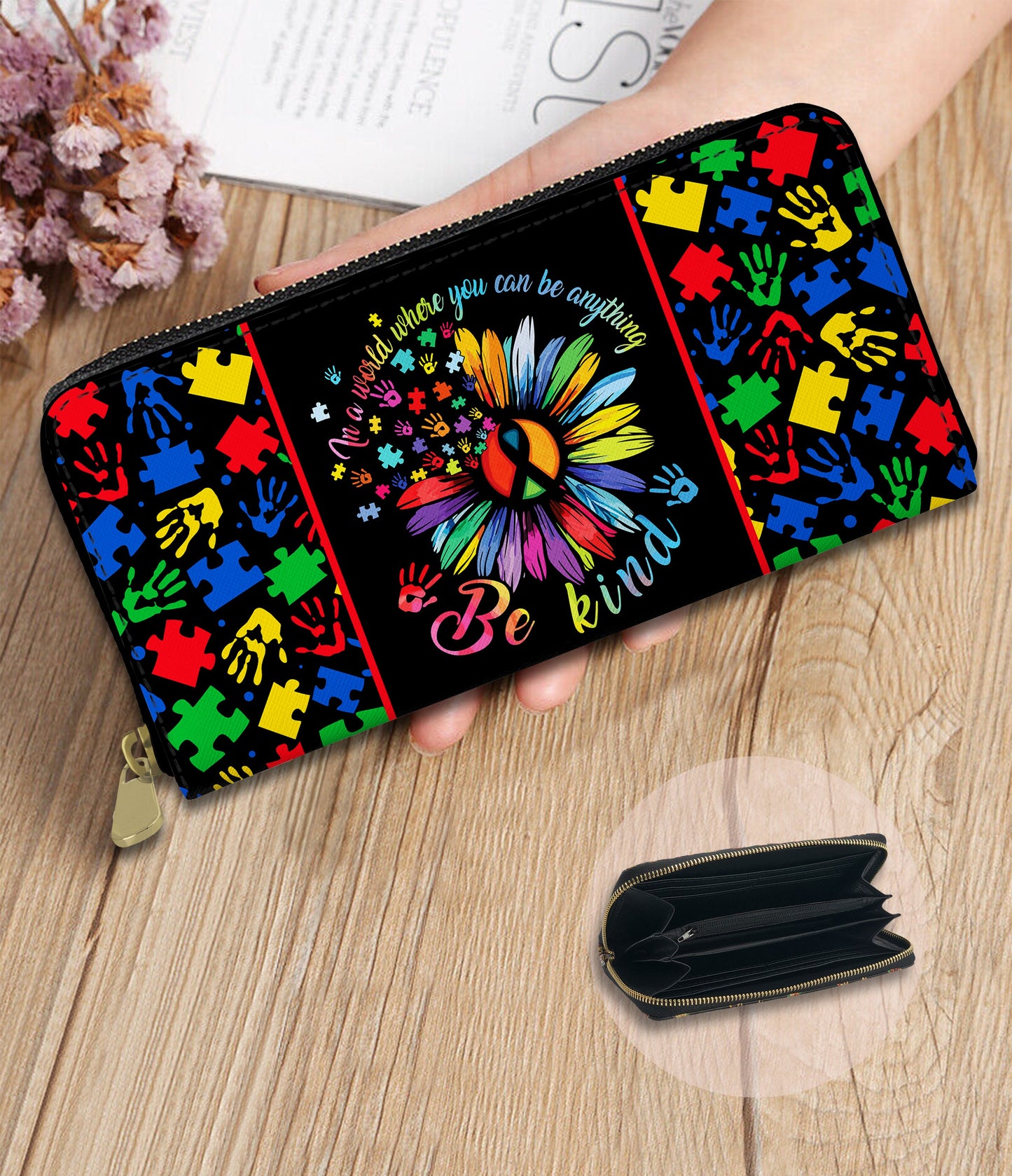 RTS - Be Kind Autism Awareness Zip Around Wallet w/ Wrist Strap - Like A Duchess