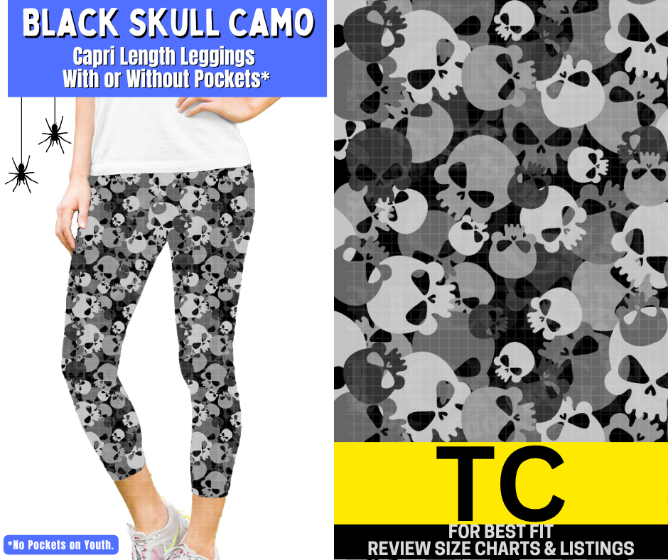 Black Skull Camo Capri Length Leggings w/ Pockets - Like A Duchess