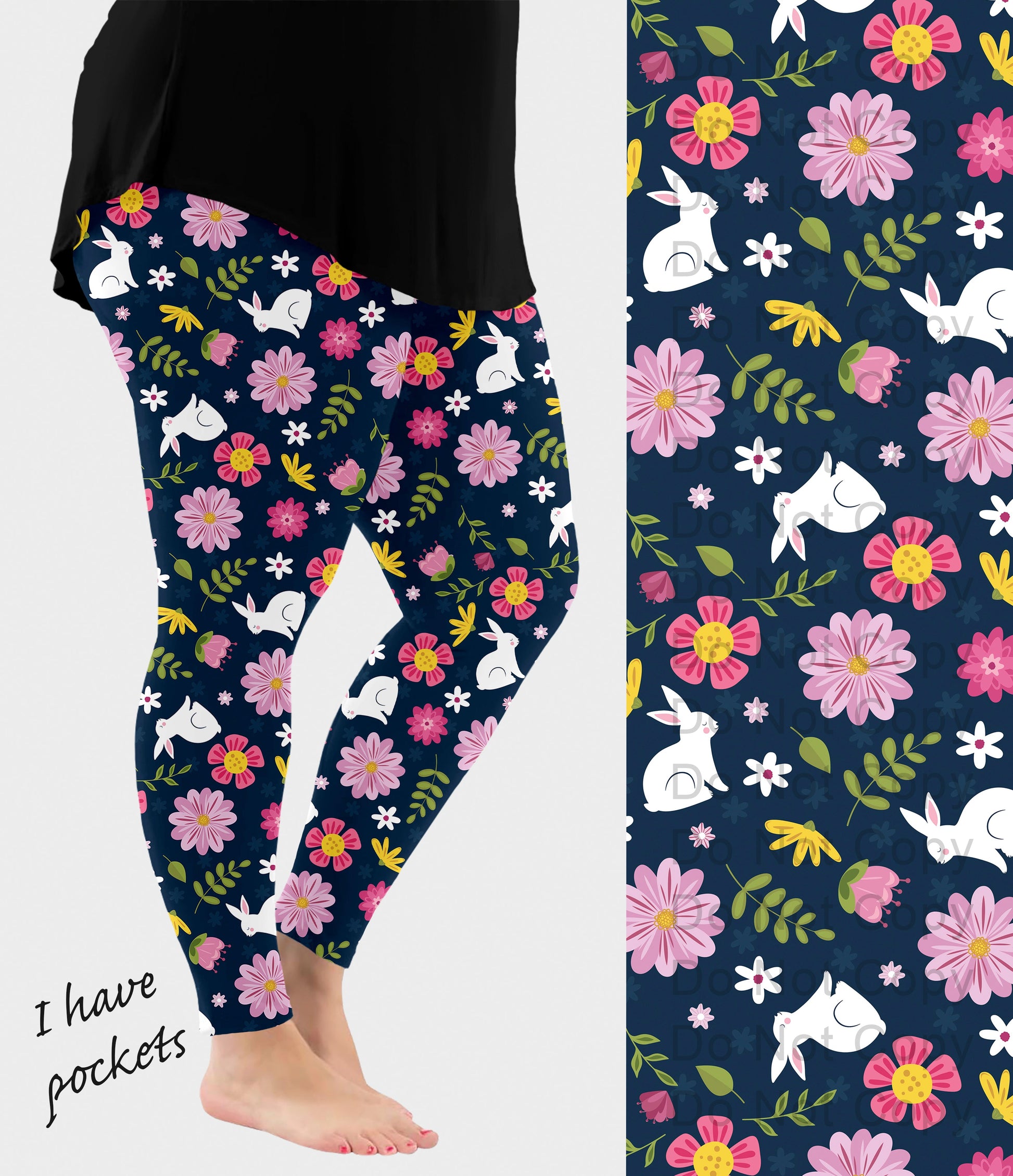 RTS - Blue Floral Bunny Leggings w/ Pockets - Like A Duchess