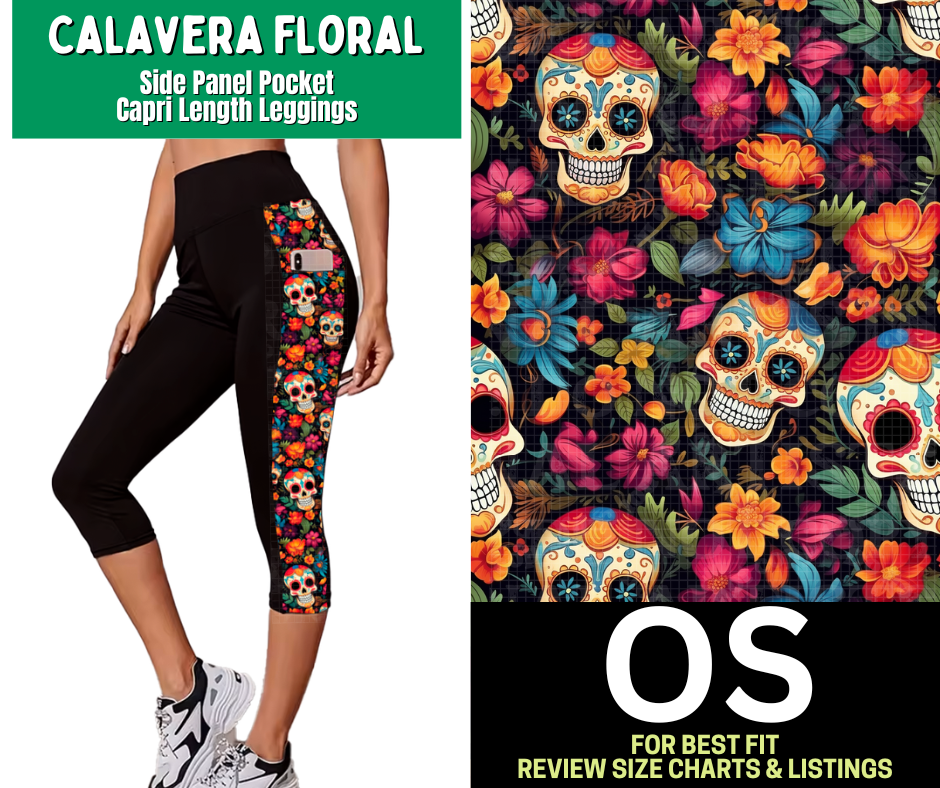 Calavera Floral Side Panel Pocket Capri Length Leggings - Like A Duchess