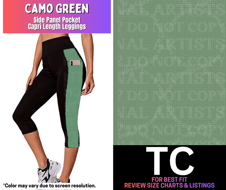 Camo Green Side Panel Pocket Capri Length Leggings - Like A Duchess