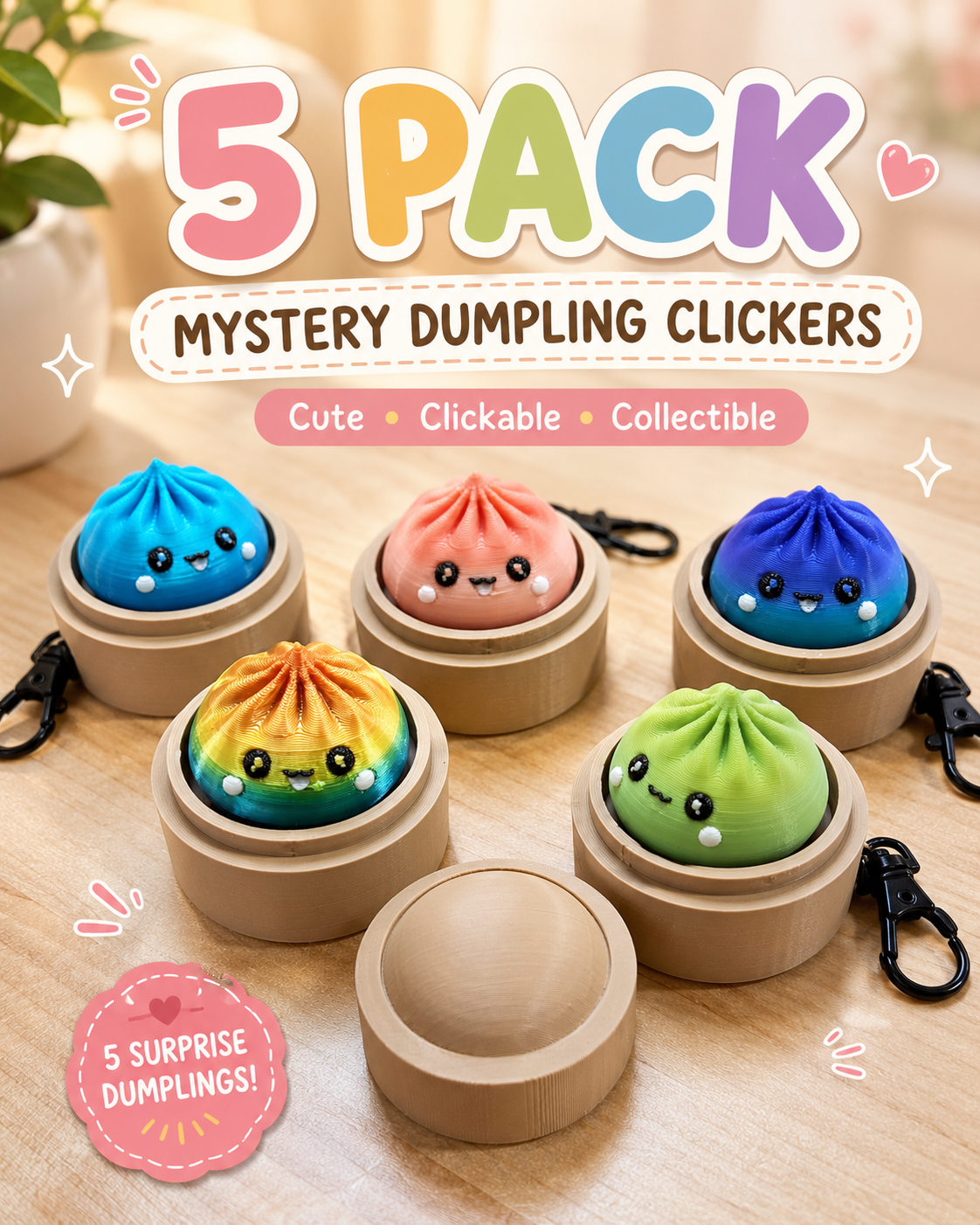 5 PACK MYSTERY FIDGET CLICKER DUMPLING KEYCHAINS- 3D PRINTED - Like A Duchess