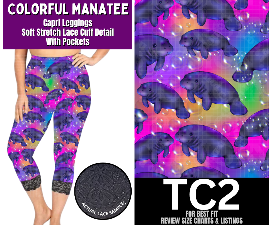 Colorful Manatee Lace Cuff Capris w/ Pockets - Like A Duchess