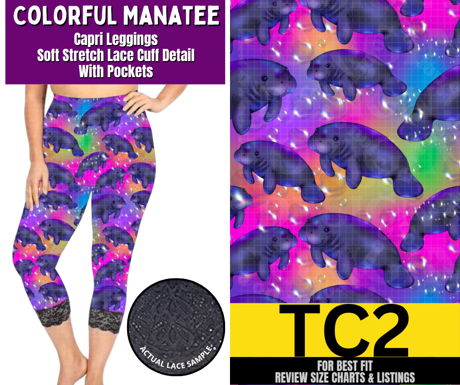 Colorful Manatee Lace Cuff Capris w/ Pockets - Like A Duchess