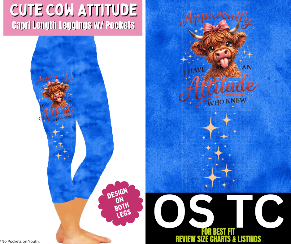 Cute Cow Attitude Watercolor Capri Leggings w/ Side Leg Designs - Like A Duchess