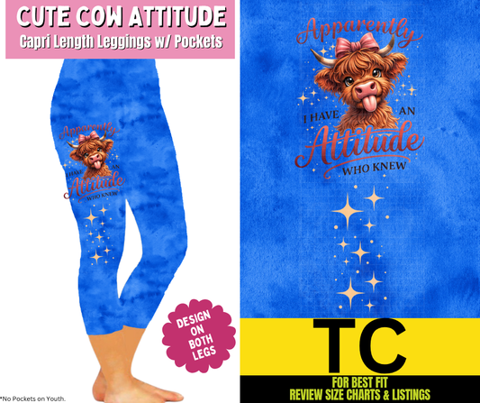 Cute Cow Attitude Watercolor Capri Leggings w/ Side Leg Designs - Like A Duchess
