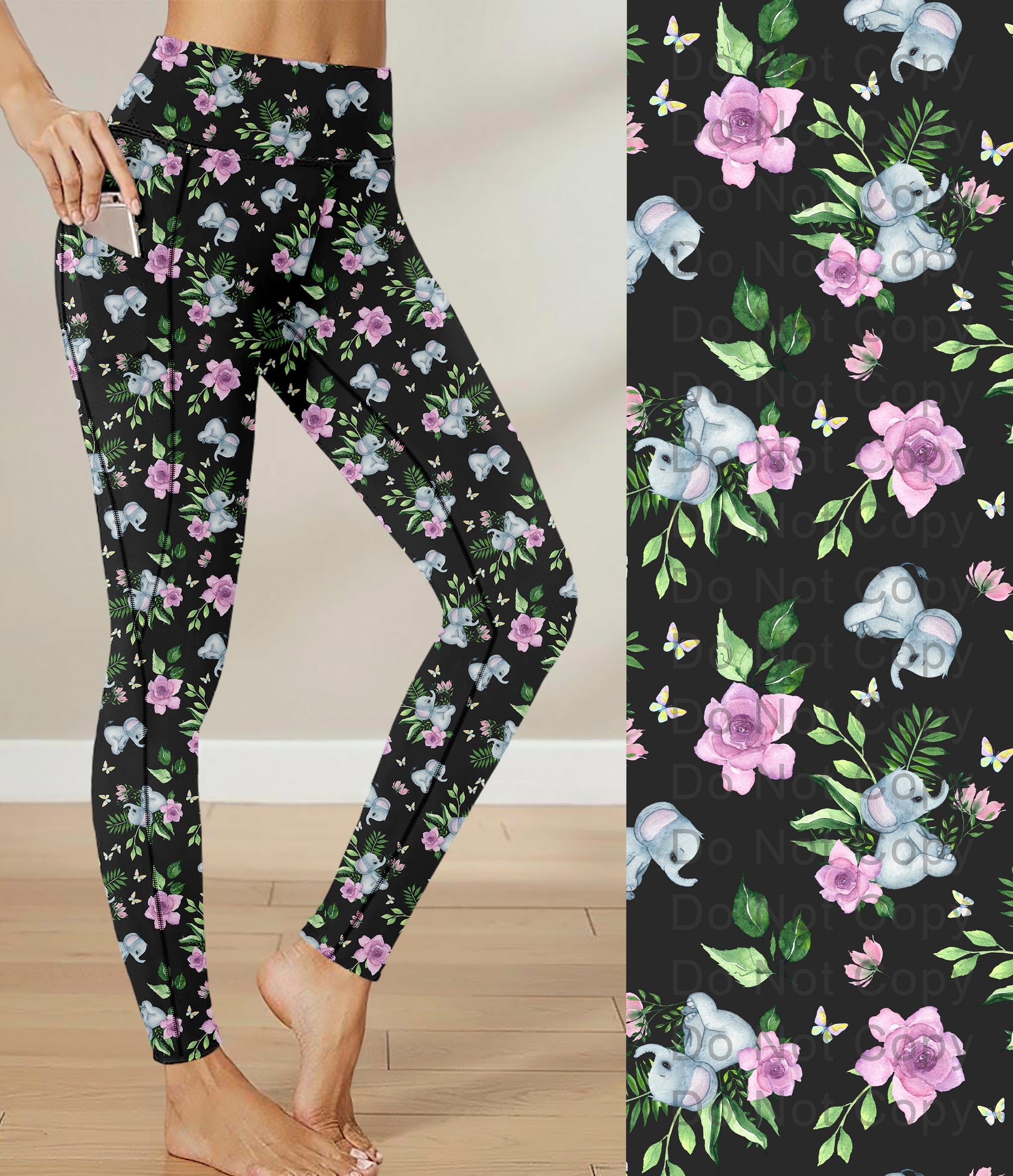 RTS - Cute Floral Elephant Leggings with Triangle Sport Pockets - Like A Duchess