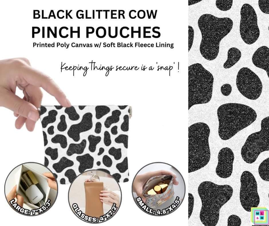 Black Glitter Cow Pinch Pouches in 3 Sizes