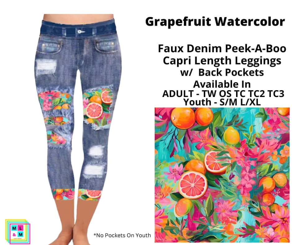 Grapefruit Watercolor Faux Denim Capris