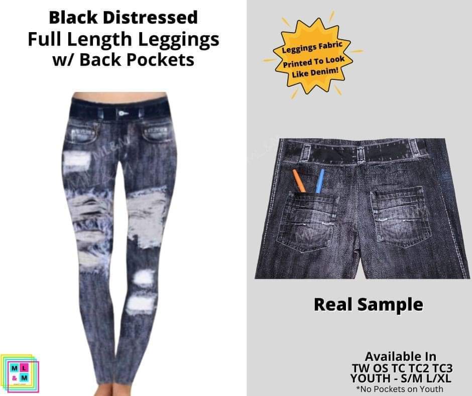 Black Distressed Faux Denim Full Length Leggings - Like A Duchess