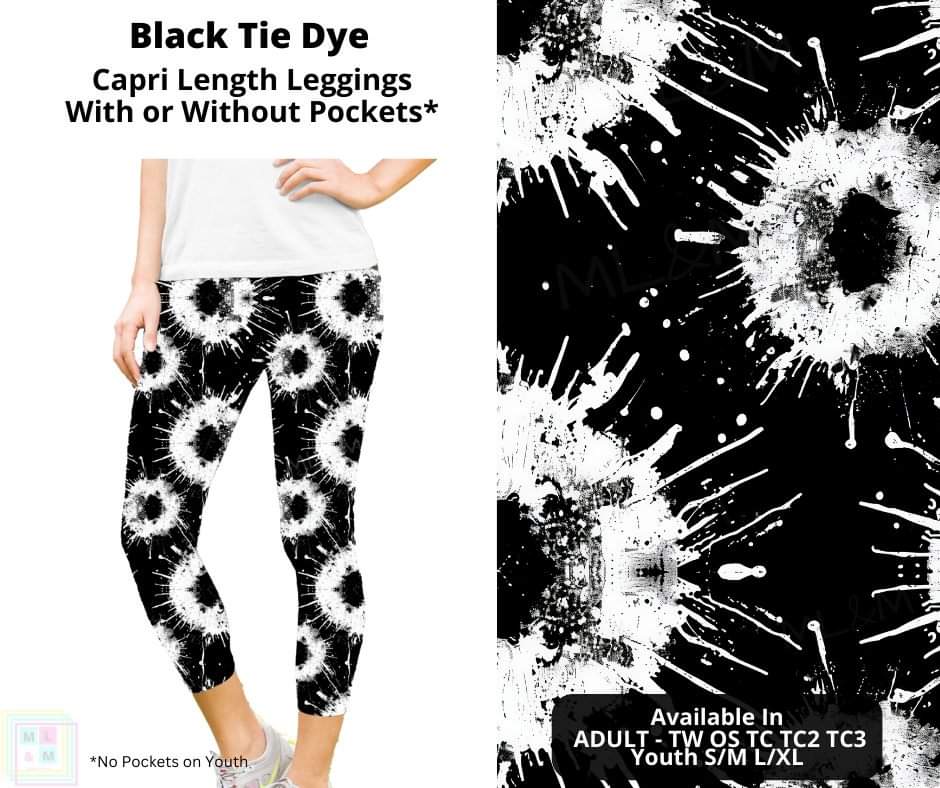 Black Tie Dye Capri Length Leggings w/ Pockets