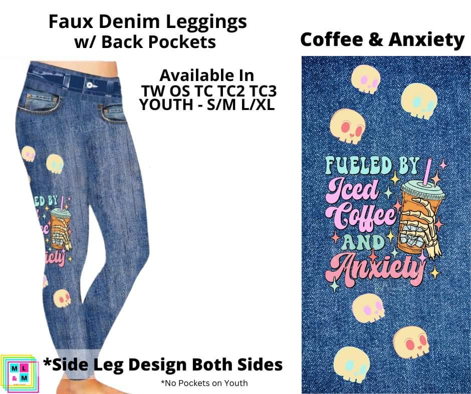 Coffee & Anxiety Faux Denim w/ Side Leg Designs Full Length