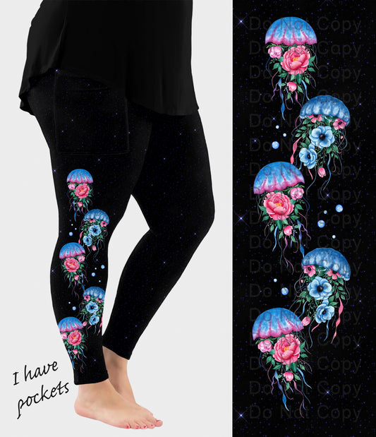 RTS - Floral Jellyfish Side Design Leggings w/ Pockets - Like A Duchess