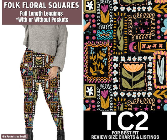 Folk Floral Squares Full Length Leggings w/ Pockets - Like A Duchess