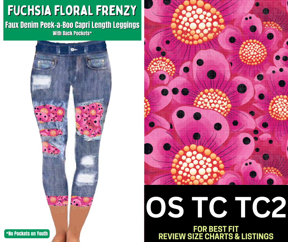 Fuchsia Floral Frenzy Capri Faux Denim Peekaboo - Like A Duchess