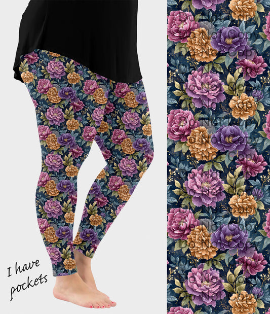 RTS - Gold and Purple Peonies Leggings with Pockets - Like A Duchess