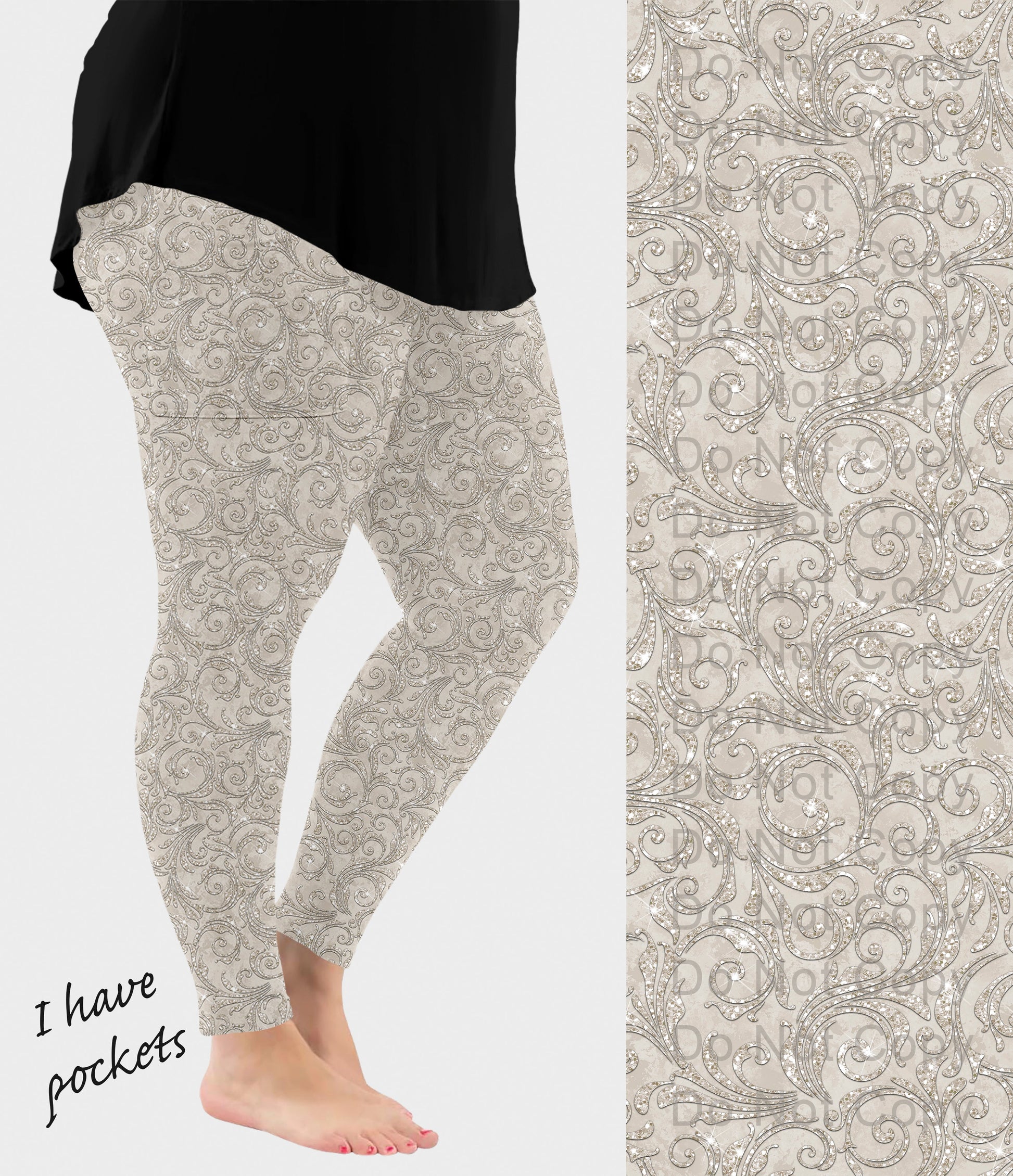 RTS - Greige Paisley Sparkle Leggings w/ Pockets - Like A Duchess