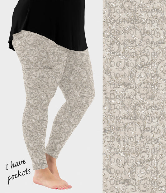 RTS - Greige Paisley Sparkle Leggings w/ Pockets - Like A Duchess