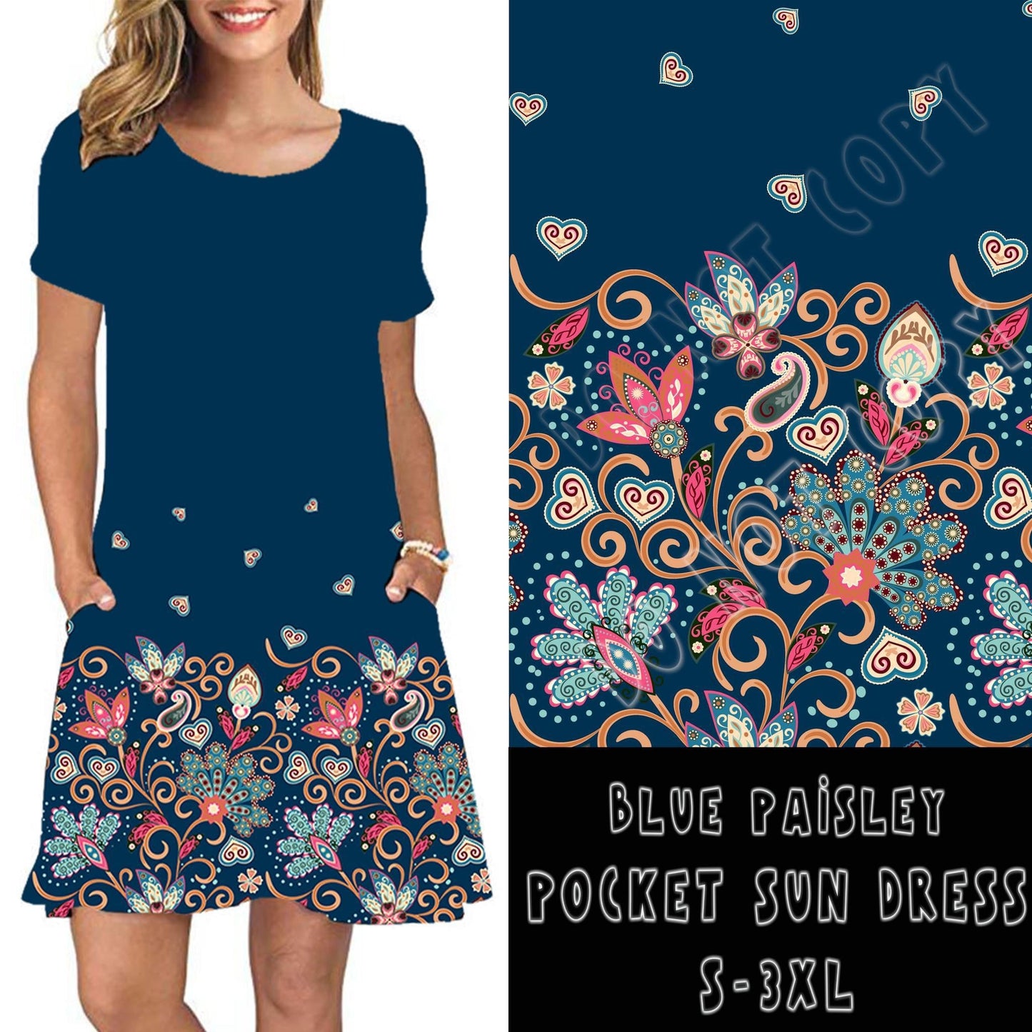 POCKET DRESS SHORT SLEEVE- BLUE PAISLEY - Like A Duchess